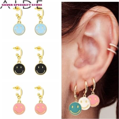 Aide 925 Sterling Silver Colorful Enamel Smiley Face Round Charm Dangle Earrings For Women C Shape Circle Drop Earring Pendant