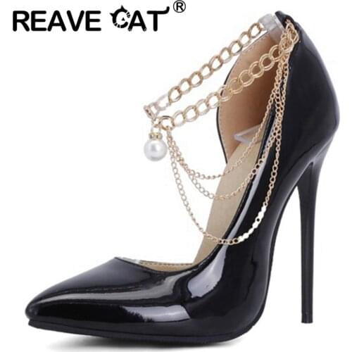 REAVE CAT New 2021 Women Pumps Pointed Toe 12cm High Thin Heels Patent Leather Chains Pearl Sexy Stylish Big Size 48 Party A3773