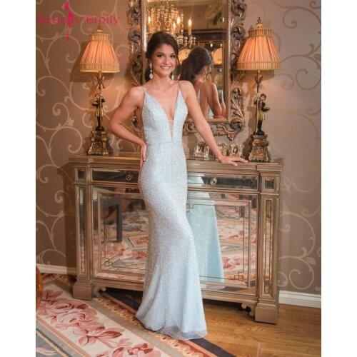 Beauty Emily Beads Mermaid Blue Evening Dress 2020 Long V-neck Evening Gowns for Women robe de soiree Formal Party Prom Dresses