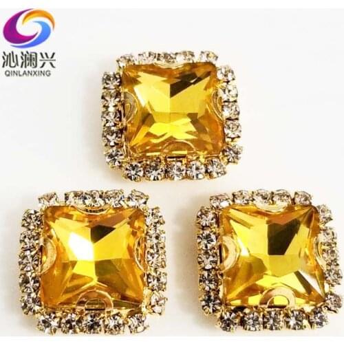 Golden bottom Golden yellow square shape top Crystal glass buckle, sew on rhinestones use for Diy/jewelry accessories SQKG18