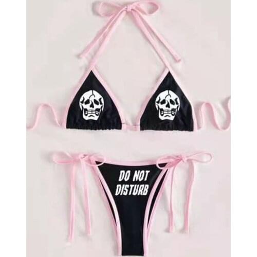 Funny Letters Print 2Pcs Bikini Suits Women Sexy Deep V-neck Pad Sling Tops Detachable Breast Triangle Bottoms Swimsuits 2021
