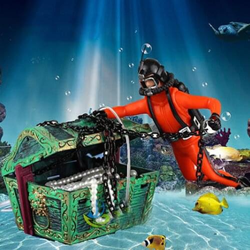 Aquarium Floating Diver Ornament Aquarium Decoration with Moving Treasure Chest Floating Diver Bubble Action