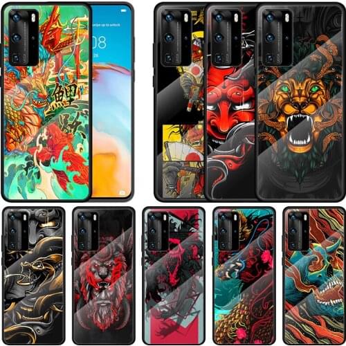Japanese Style Monster Art For Huawei P40 P30 P20 P10 Pro Plus Lite 5G 2019 Tempered Glass Cover Shell Luxury Phone Case