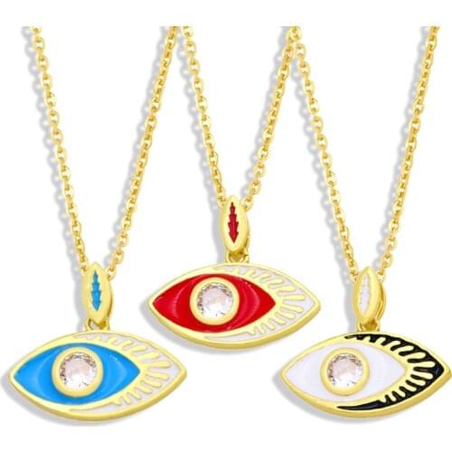 FLOLA Gold Chain Evil Eye Necklace Copper CZ Colorful White Crystal Stone Enamel Pendant Necklace Jewelry For Women nkey22