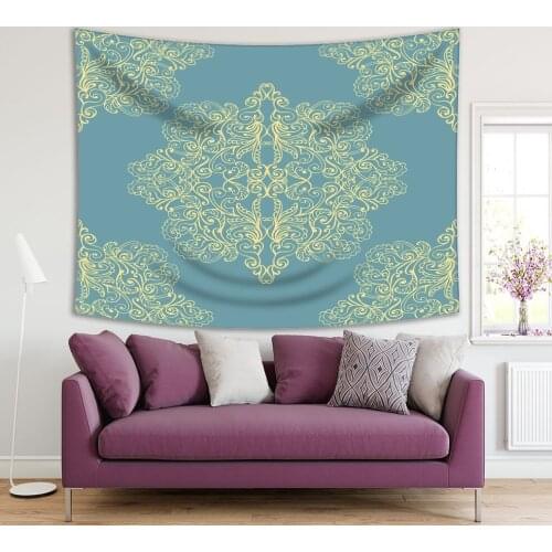 Tapestry Damask Pattern Vintage Baroque Oriental Round Gold and Blue Decorative Artwork Print