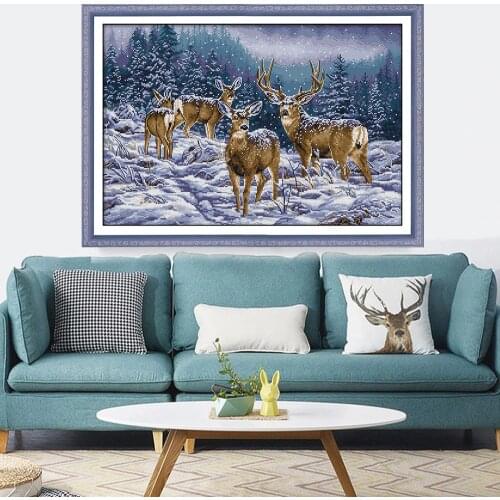 HUACAN Cross Stitch Deer Animal Needlework Sets For Full Kits White Canvas DIY Embroidery Winter Snow Home Decor 14CT