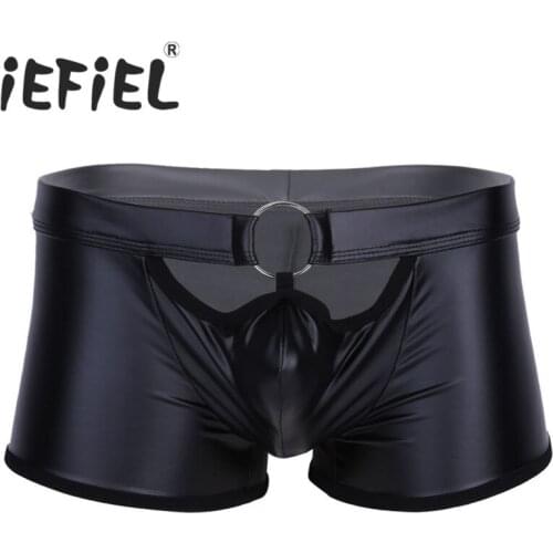 IEFiEL Black Men Lingerie Faux Leather Boxer Shorts Underwear Underpants with O-Ring Boxer Shorts for Lingerie Night Nightwear