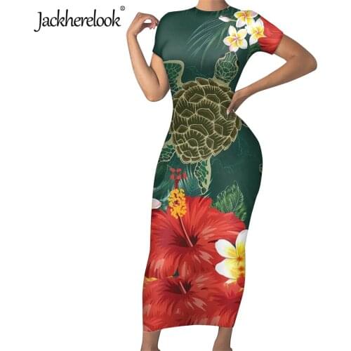 Jackherelook Hawaiian Turtle Hibiscus Polynesian Tribal Print Elegant Woman Pencil Dresses Office Vestidos Slim Bodycon Dress