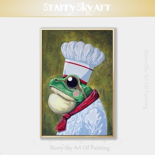 Pure Hand-painted Funny Frog Chef Oil Painting on Canvas Modern Design Funny Animal Frog and Dog Painting for Kitchen Decoration