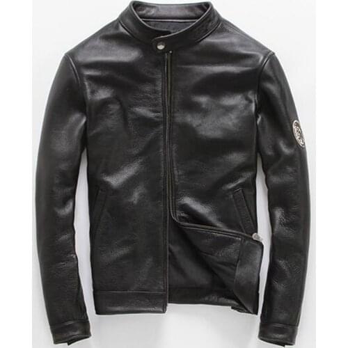 New Head Layer Cowhide Jacket Mens Youth Slim Motorcycle Stand-up Collar Genuine Leather Coat Short Jacket Male