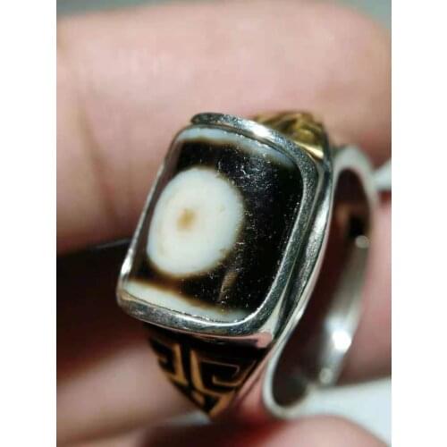 Natural Agate Dzi Bead Prophet God Heaven and Earth God Eye Ring Mens and Womens Jewelry 925 Silver Inlaid