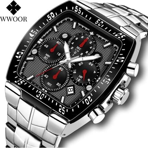 2021 New WWOOR Sports Quartz Watches Men Luxury Square Stainless Steel Wristwatch Military Waterproof Chronograph Relojes Hombre