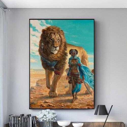 African Girl and Lion Posters and Prints Modern Art Wall Living Room Home Decoration Black Woman and Animals Canvas Painting