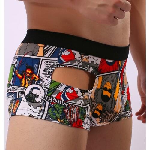 Sexy Gay Underwear Men Boxers Shorts Cotton Panties Printed Hollow Mid-waist U Convex Pouch Underpants Cuecas calzoncillos S-XL