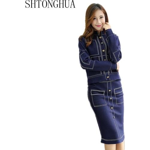 SHTONGHUA 2019 Women Elegant 2pcs Set Knitted Jackets Coats+pencil Skirts Sets Single Breasted Knitting Sweater Shirts Suits