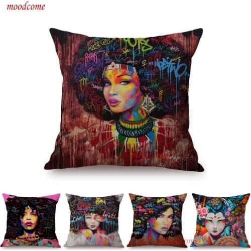 Modern Africa Graffiti Pop Art African Woman Girl Afro Hair Home Decorative Pillow Cover Cotton Linen Exotic Sofa Cushion Cover