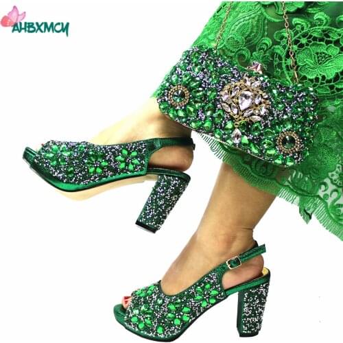 Green Color Spring Newest Italian Women Shoes and Bag Set Hign Quality with Platform Sandals for Party