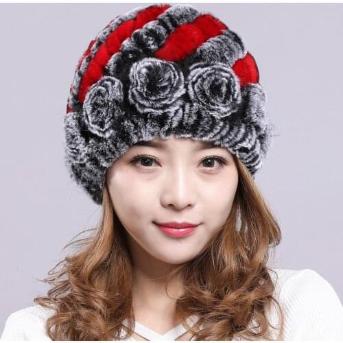 Womens fur hat of Genuine rex rabbit fur knitted warm winter caps balaclava flower stripe warm fur hats H16