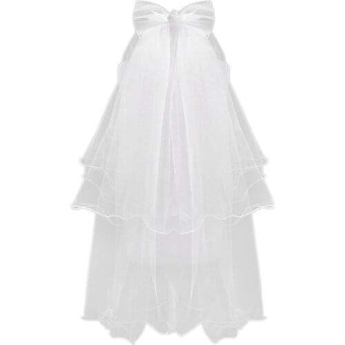 Women Wedding Veil Dress White Bowknot Layers Tulle Ribbon Edge Bridal Veils