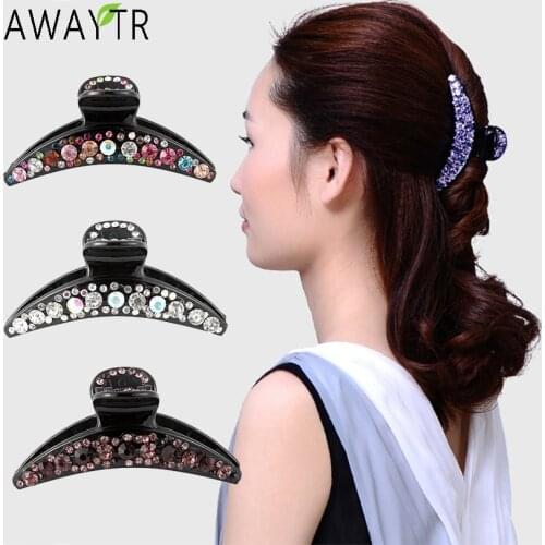 AWAYTR 8cm Women Crystal Hairclip Crab Hair Claws Clamp Resin Barette Top Crystal Rhinestone Hairpins Hair Clip Hair Accessories