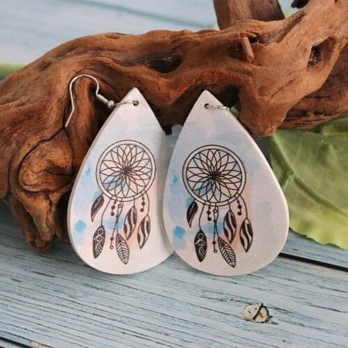 Wholesale New Fashion Tie-dye Double-sided Printing Wind Catcher Water Drop Earrings Leaf Leather Earrings Women Wholesale