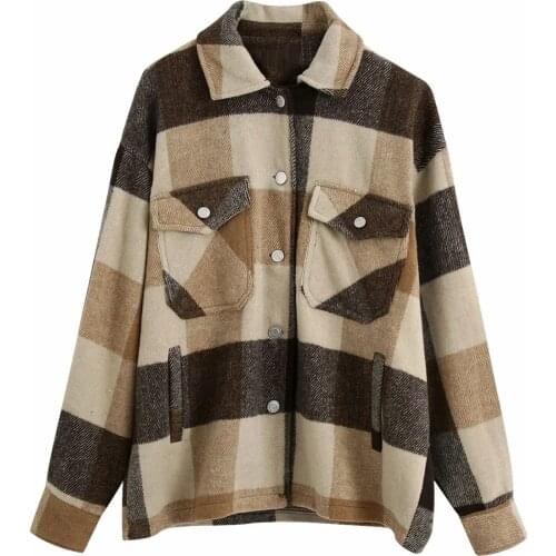 Women Loose Style Turn Down Collar Jacket Chaqueta Mujer Fashion Women Autumn Winter Plaid Jacket Coat Pocket Design