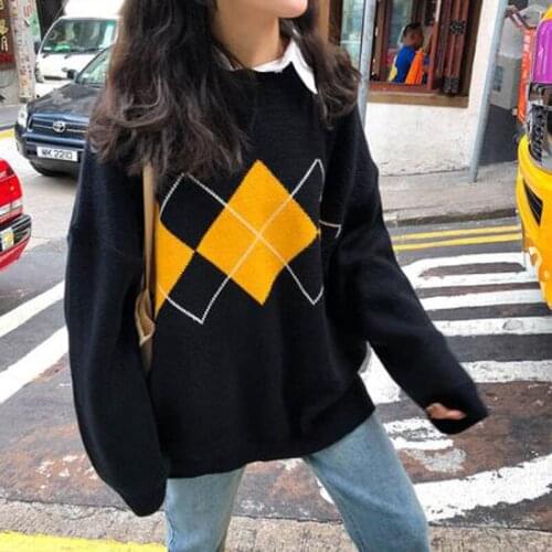 2020 New Female Geometric Pattern Loose Casual Fashion Basic Hit Regular Women Long Sleeve All Match College Wind Hit Sweaters