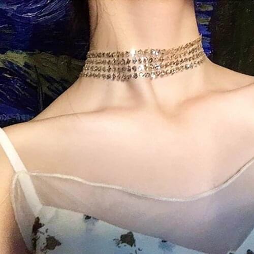 Women Mesh Crystal Rhinestone Choker Necklace Wedding Accessories Silver Color Chain Punk Gothic Chokers Jewelry Collier Femme