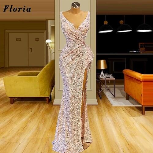 Sexy Split Slit Evening Dresses Pink Long Sequins Dubai Evening Wear Customized 2021 Mermaid Celebrity Dress Prom Dress Robes