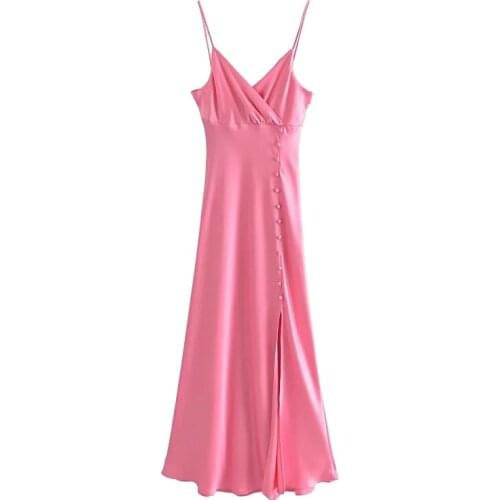 Women Chic Fashion Side Buttons Front Slit Cozy Midi Dress Vintage Backless Thin Straps Female Dresses Vestidos