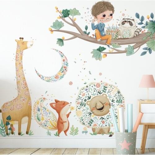 Zolllor Cartoon Animal A Little Boy Playing Flute Wall Sticker Bedroom Living room Childrens room Creative Decoration Stickers