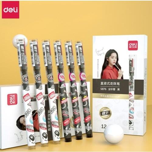 36pcs Deli Quick-drying Rollerball Pen Cute Large Roller Ball Pen 0.5mm Black Ink Straight Pen Student Stationery Kawaii Pens