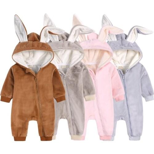 2021 New Winter Newborn Baby Bunny Onesies Thick Warm Fleece Infant Boys Girl Romper Suit Toddler Kids Outfit 0-24M