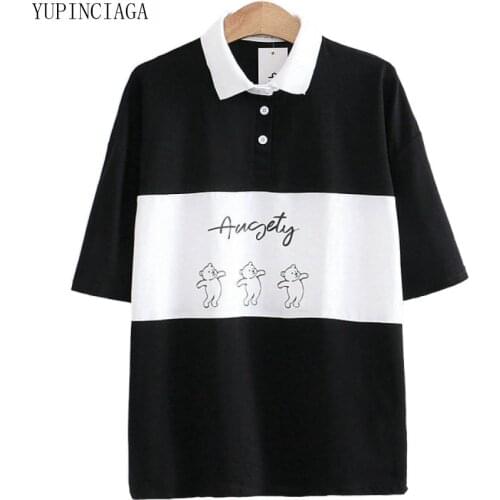 Womens Harajuku Cotton T Shirt Cartoon Print Patchwork T Shirts 2020 Spring Femme Casual Loose Basic Tops Tees YUPINCIAGA