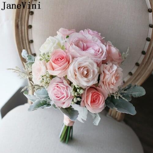 JaneVini Champagne Pink Artificial Wedding Bouquets for Bride Silk Rose Bridal Flowers Bouquet Déco Mariage Flores Artificiales