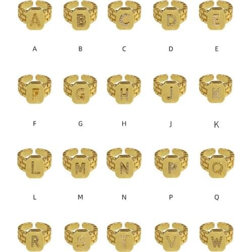 AAA Quality Fashion Jewelry Luxury Gold Strap Style 26 Original Capital Letters CZ Zirconia Open Rings For Women