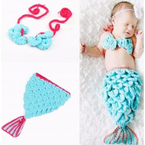2Pcs/Set Blue Mermaid Photo Suit Animal Cosplay Girl Knitted Handmade Bra And Fishtail Skirt Sets Photography Props