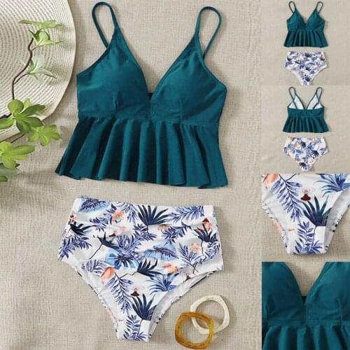 Hot kf-Womens Leaf Print Bikini 2-Piece Sexy High Waist Split Swimsuit Dark Green