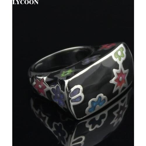 LYCOON Fashion woman colorful flowers resin rings 316L stainless steel polish Imported black Enamel ring in square shape SUK0009