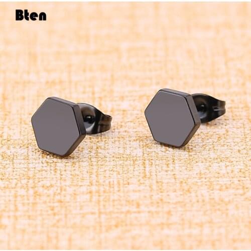 Bten Punk Fashion Jewelry Smooth Hexagon Stud Earrings For Women Lady Geometric Statement Stainless Earring Gifts