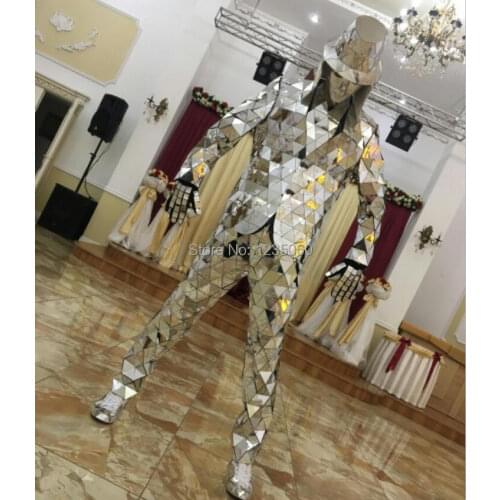 Men Silver Mirror suit Catwalk Show Stage wear Ballroom dance Costumes Clothes Party Performance DJ outfits bar nightclub jacket