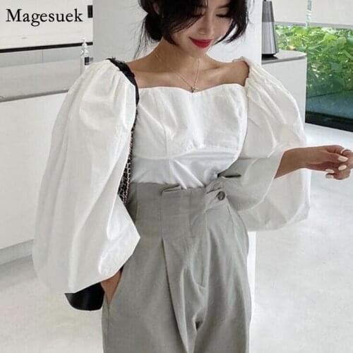 New Summer Loose Woman Blouse Tops Chic Vintage Cotton White Blouse Women Puff Sleeve Slash Neck Solid Shirt Female Blusas 12867