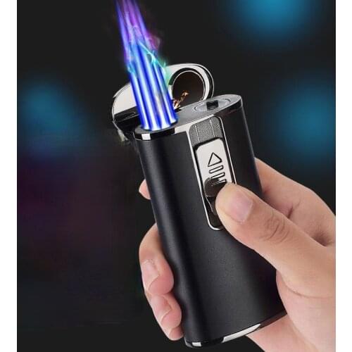 New Four Torch Turbo Gas Lighter Metal Flashlight Windproof Butane Lighter Cigar Cutter Portable Gift Outdoor Survival Gadget