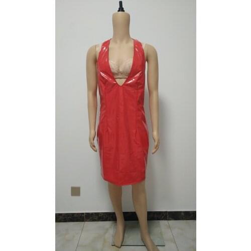 New style womens pvc faux Leather Wetlook Dress Sexy deep-V sleeveless split zip party dress Night Party Clubwear Performance