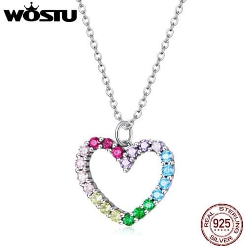 Wostu 2021 Necklace 925 Sterling Silver Love of Rainbow Colorful Dazzling Zircon Necklace Chain Link for Women Jewelry DXN449