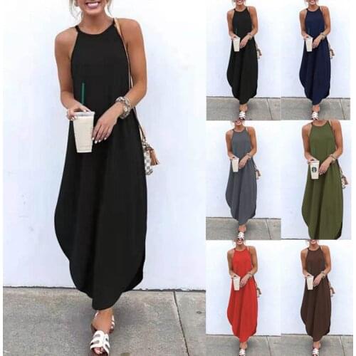 Halter Neck Dress Irregular Hem Sleeveless Black Solid Color Ankle-Length 5xl Maxi Dress Summer Women Clothes SECENSE