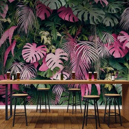 Custom Mural Papel De Parede 3D Wallpaper Modern Pink Green Tropical Rainforest Plant Leaves Living Room Background Wall Paper
