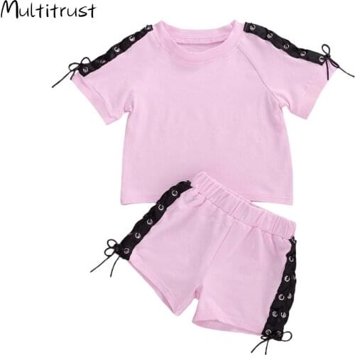 Casual 2020 Summer Causal Kids Girls Lace up Pullover Short Sleeve T Shirts Tops +Shorts 2pcs Clothes Sets 2-6Y