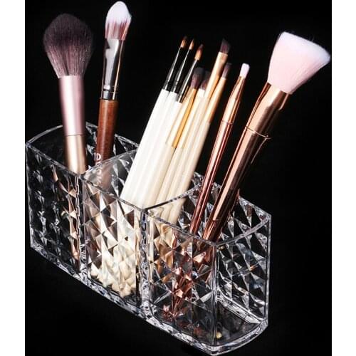 Makeup Brush Holder Organizer Diamond Pattern 3 Slots Clear Makeup Brush Storage Container Acrylic Makeup Brush Organizer Cup