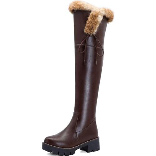 Low-Heel Round-Toe Faux Fur Over The Knee Boots Thick-Soled Lace-Up Side Zipper Street Punk Women’S Boots Warm Winter Boots
